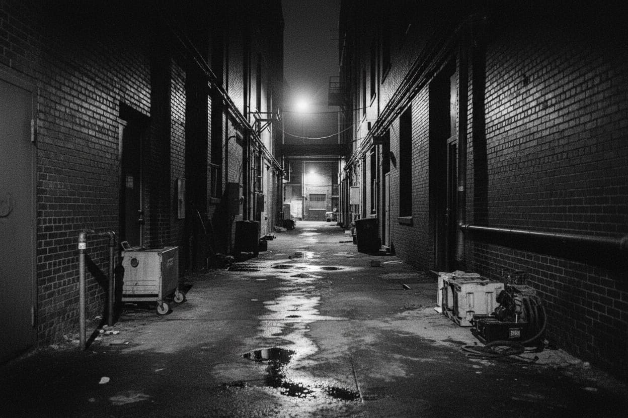 A narrow passage between two massive industrial brick buildings at night, wet ground reflecting a light at the far end.