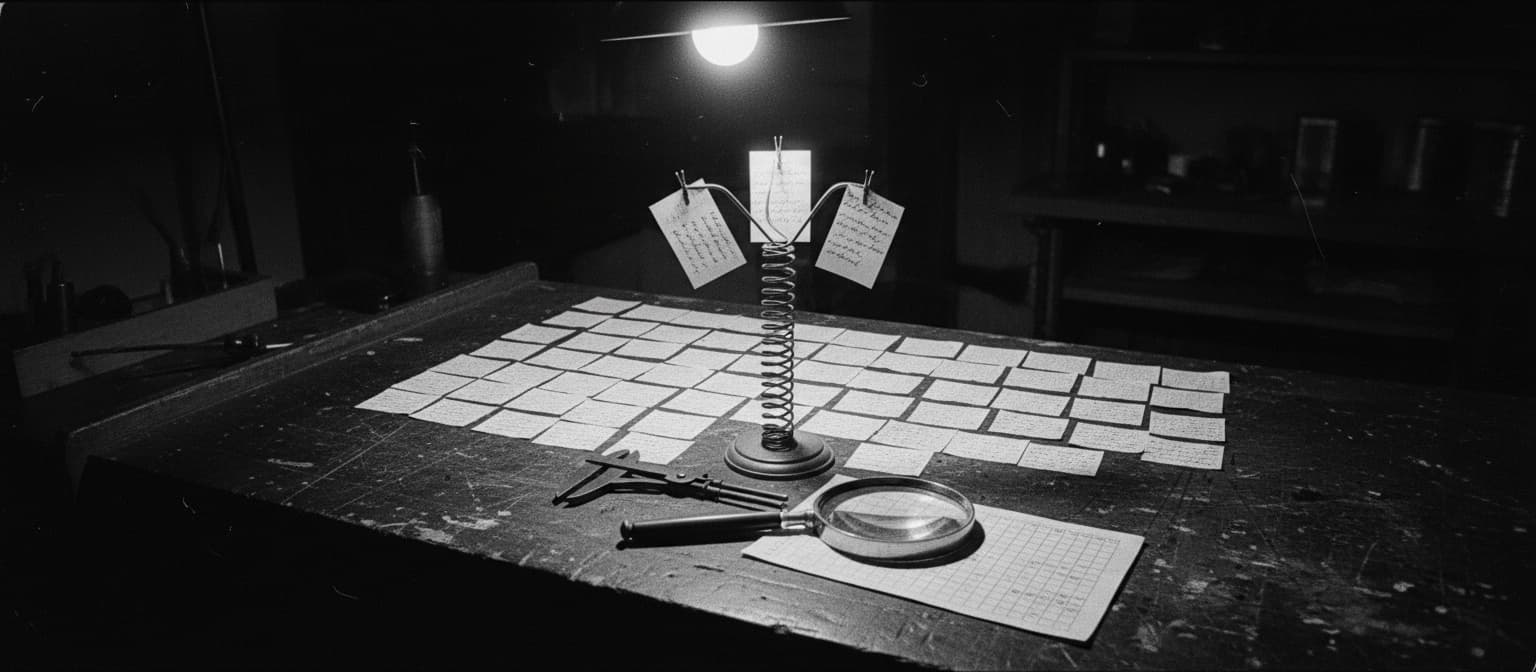 Dozens of small handwritten paper slips laid out in a grid on a dark workbench under a single lamp, three of them lifted out and pinned upright on a wire stand, with calipers, a magnifier and a ruled tally sheet beside them.