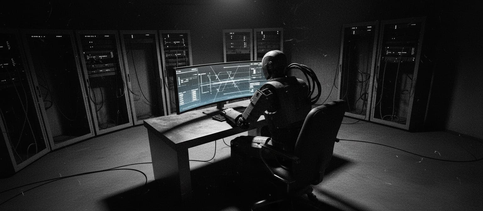 A dark operations room at night, walls of rack-mounted equipment; a worn industrial robot sits at the console, reading the glowing dashboard.