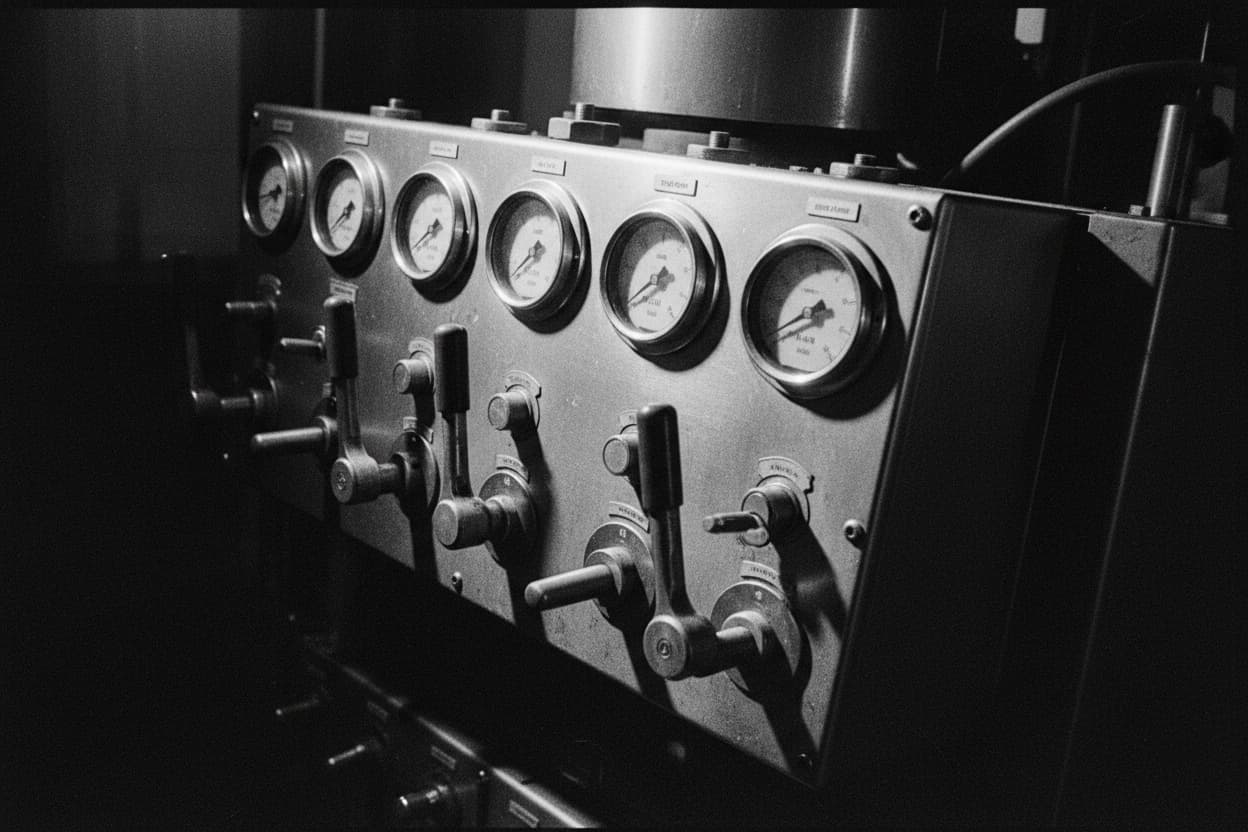 Close-up of a large industrial machine's control section, rows of gauges, dials, and heavy levers in brushed worn metal.