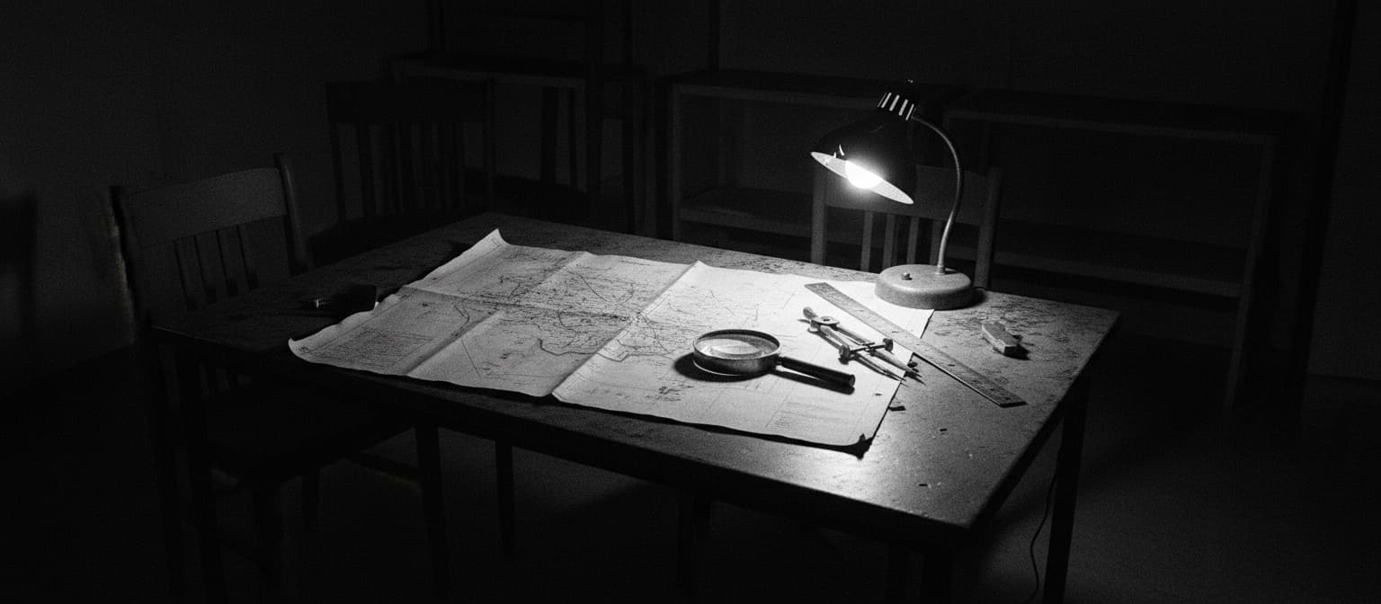 A large paper process map spread across a table lit by a single lamp in a dark room at night, surveying tools resting on it.