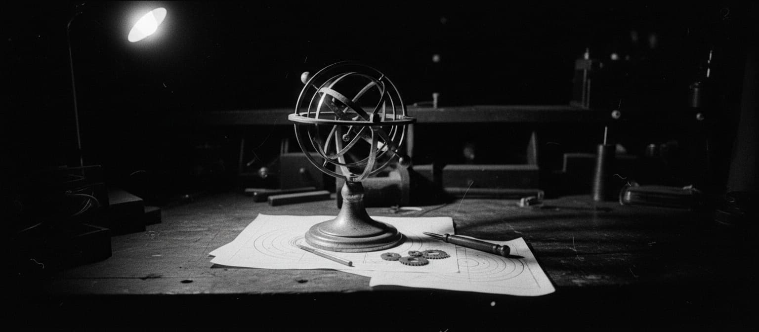 A worn brass orrery on a cluttered workbench at night, lit by a single lamp; ringed orbits around a central sphere, hand-drawn orbit diagrams and loose gears on the paper beneath it.
