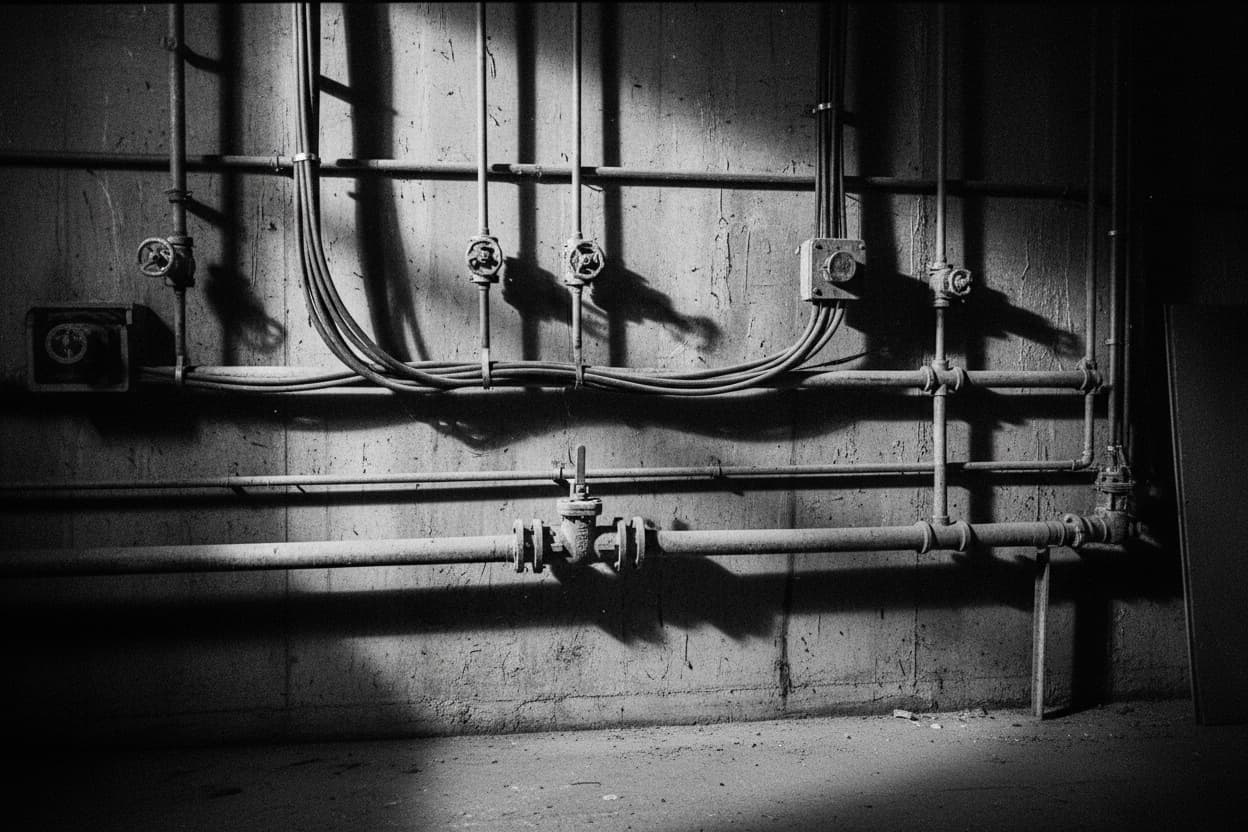 Industrial pipework and bundled cable conduits running along a concrete wall, valves and junction boxes.