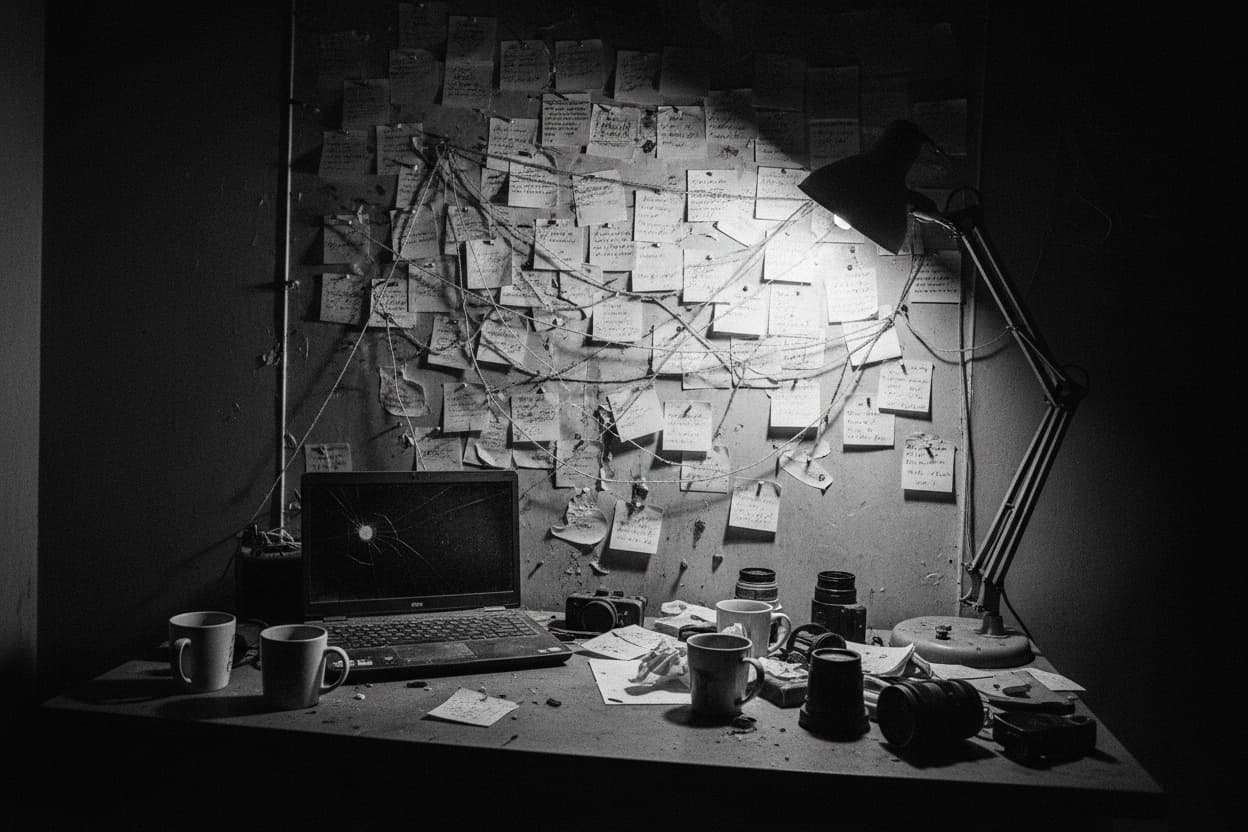 A wall densely covered in sticky notes and pinned index cards connected by lengths of string, an investigation board, dim room.