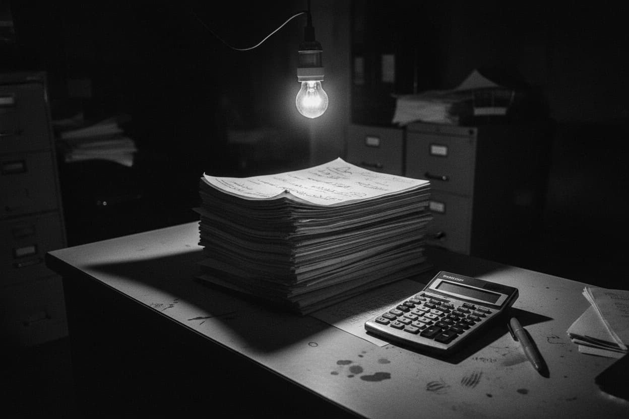 A tall stack of printed reports on a desk under a hard lamp, the top one open and covered in handwritten marks, a calculator and red pen beside it.