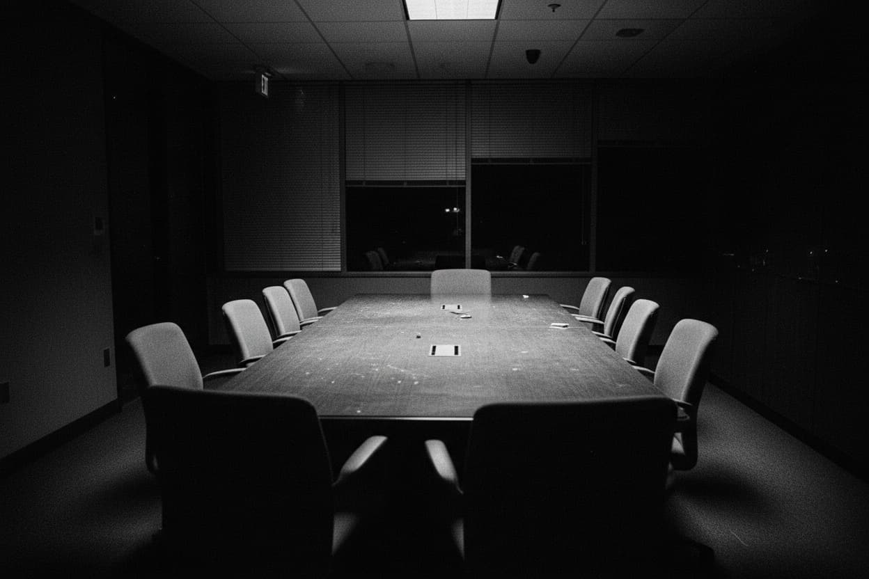 An empty corporate boardroom at night, a long conference table and chairs, a faint exit-sign glow, cold and vacant.