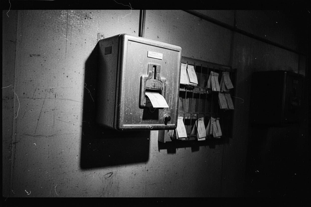 A vintage industrial punch clock on a factory wall beside a full rack of paper time cards, one card inserted mid-punch.