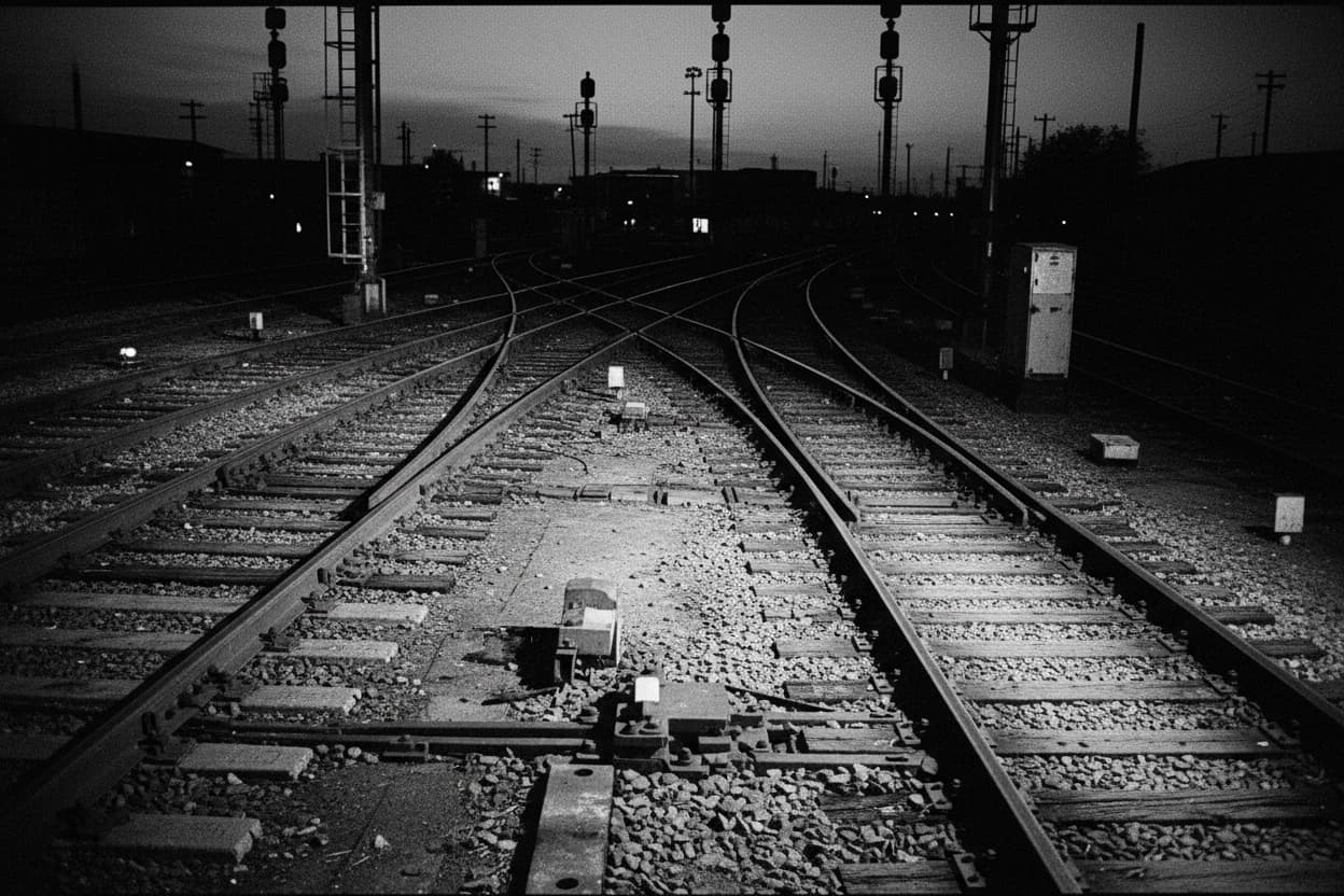 A railway switching yard at dusk, many steel tracks diverging through junction points and signals.