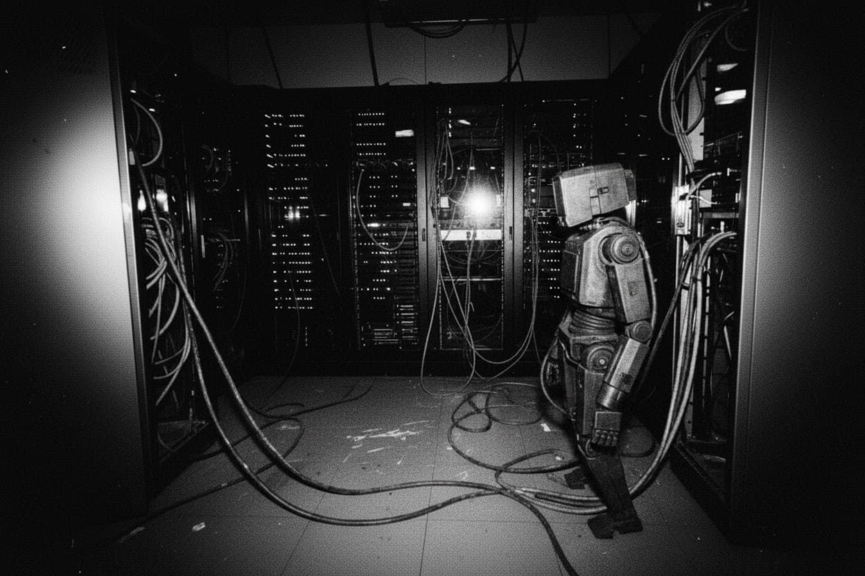 A dark data room, server racks with rows of small indicator lights; a worn industrial robot stands in the aisle among the cables.