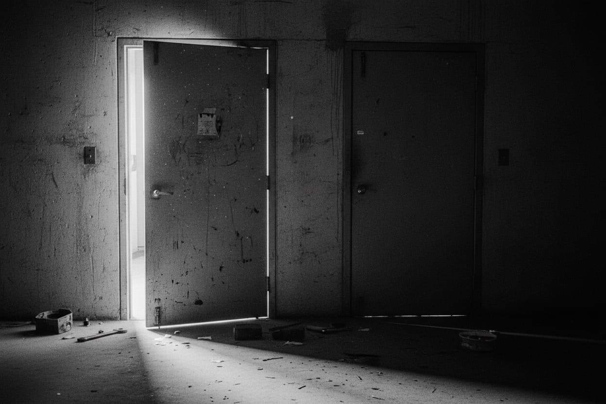 Two heavy industrial doors side by side in a concrete wall, one ajar with light spilling out, the other shut and dark.