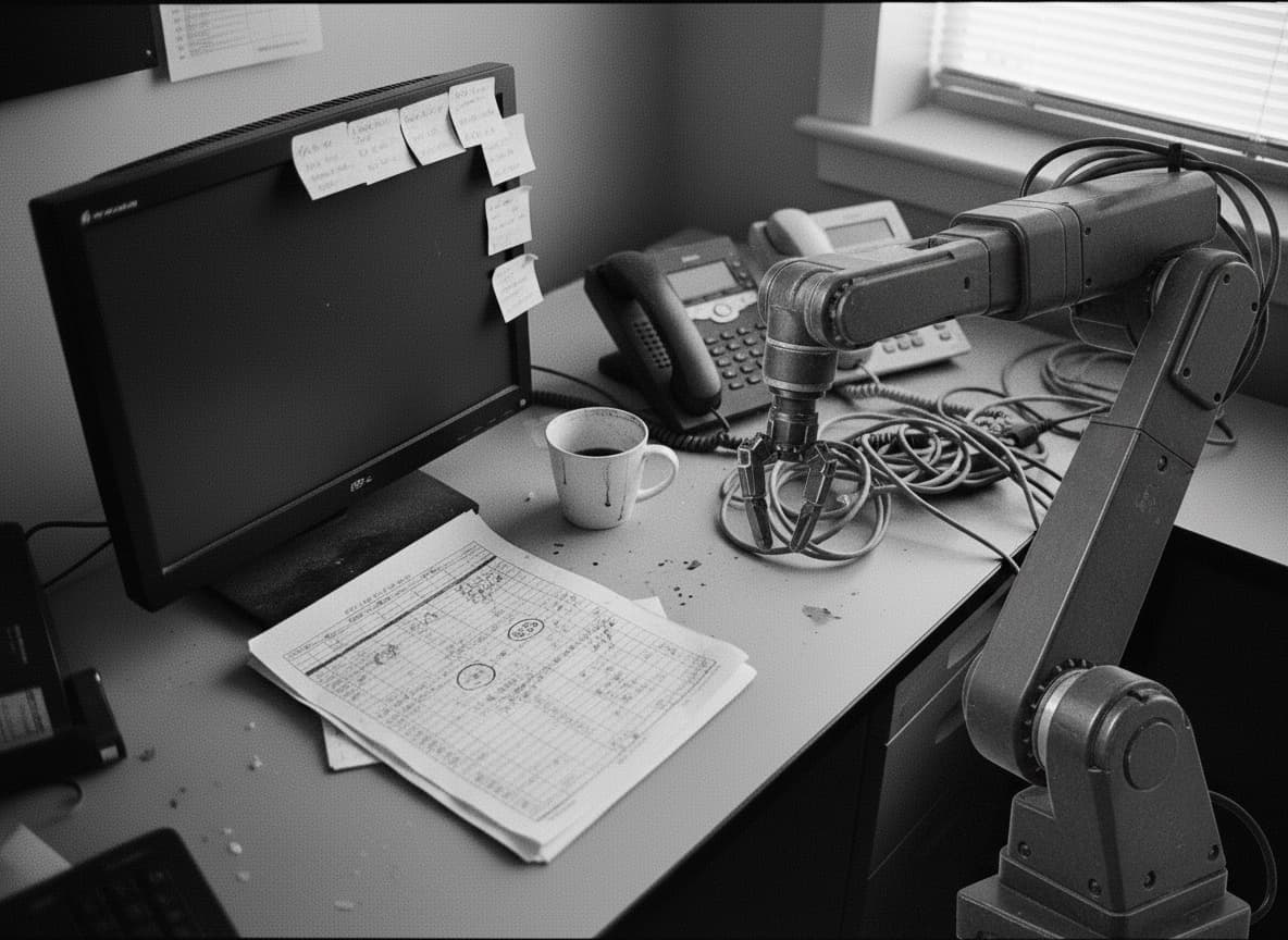 A worn office desk under harsh light: a monitor edged with sticky notes, a printed spreadsheet covered in handwritten marks, two desk phones, a stained mug, and tangled cables; an industrial robot arm reaches in from beyond the frame.