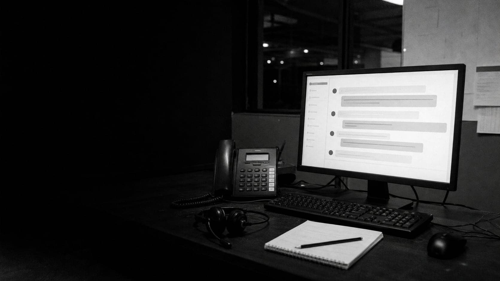 An empty revenue operations desk after hours, with a conversational interface glowing on the monitor beside a phone and headset.