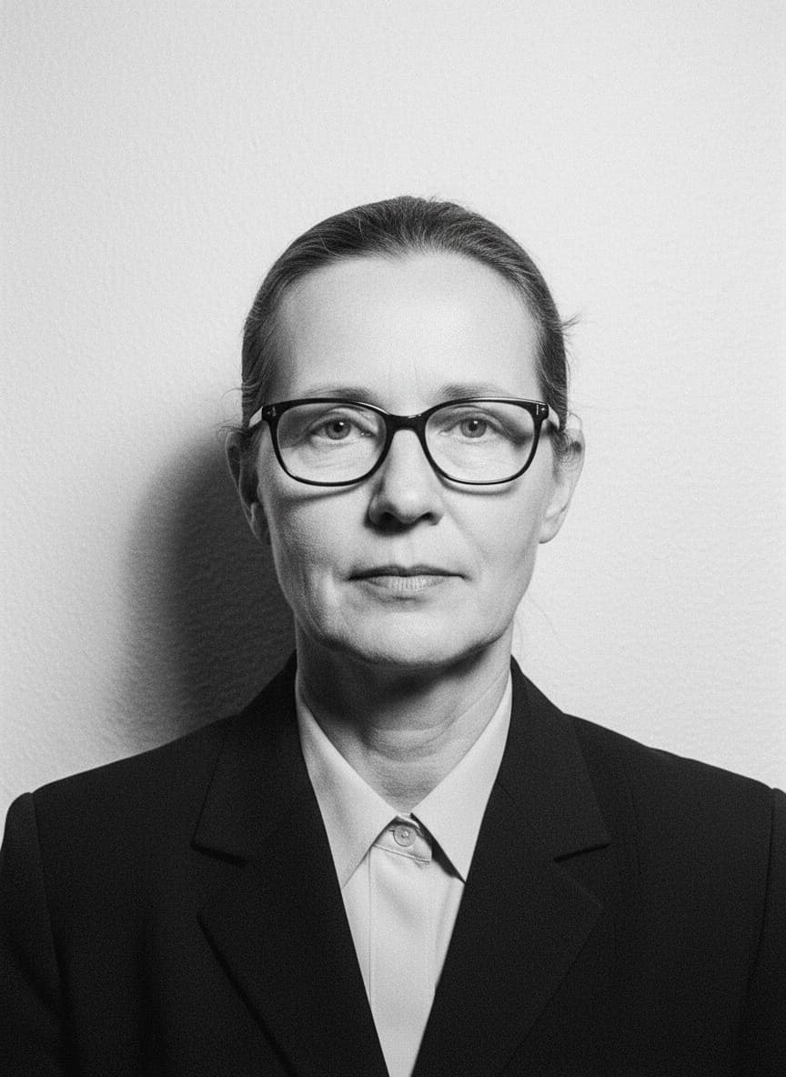 Black-and-white portrait of a senior procurement executive in a dark suit and glasses.