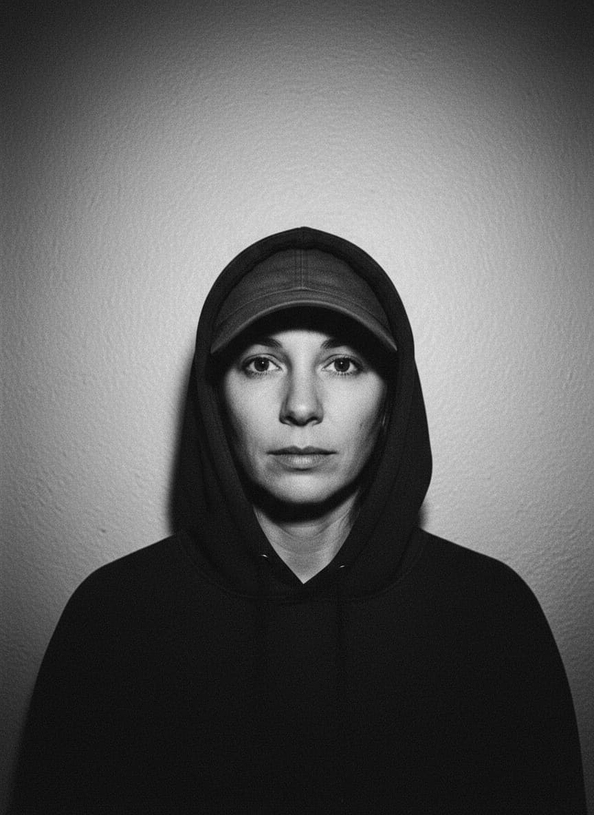 Black-and-white portrait of a startup founder wearing a baseball cap under a raised hood, against a bare wall.