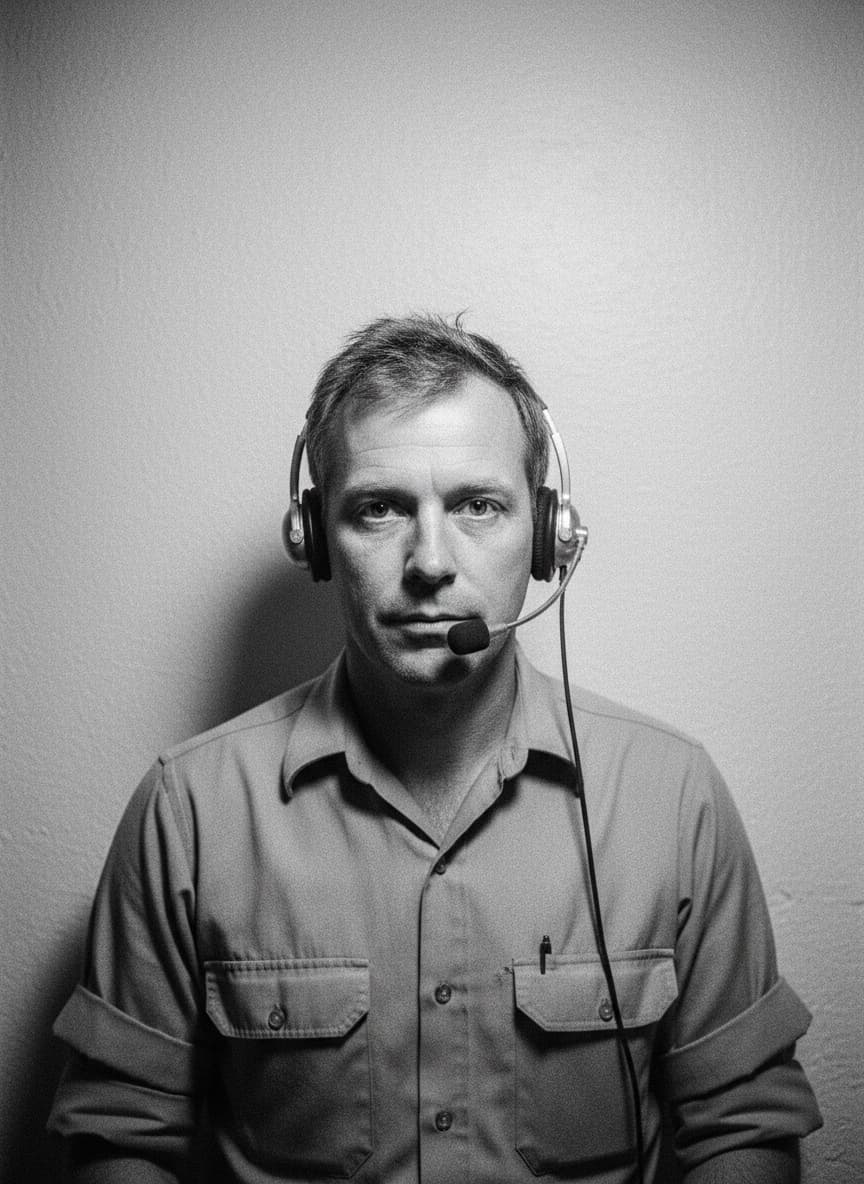 Black-and-white portrait of an operations manager wearing a telephone headset.
