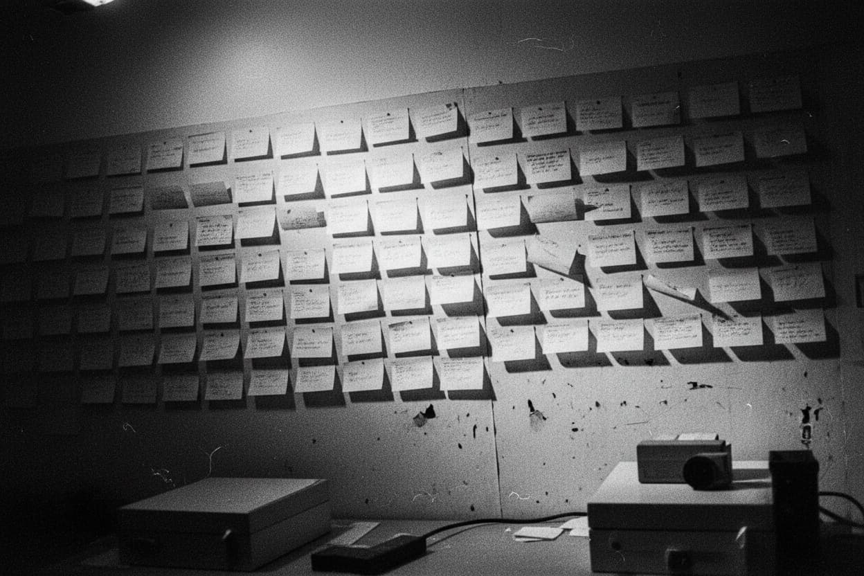 A wall covered in index cards arranged into ranked columns, a few cards askew, raking light throwing shadows.