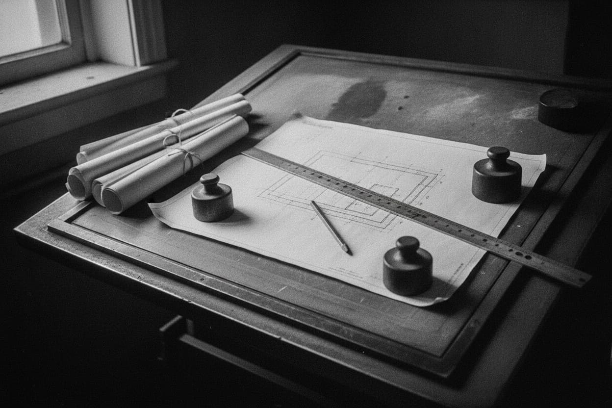 Rolled technical drawings on a drafting table, one sheet unrolled flat beneath a straightedge and pencil.