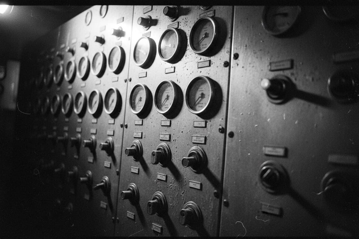 An industrial control panel with rows of round analog gauges and toggle switches, one needle caught mid-swing.