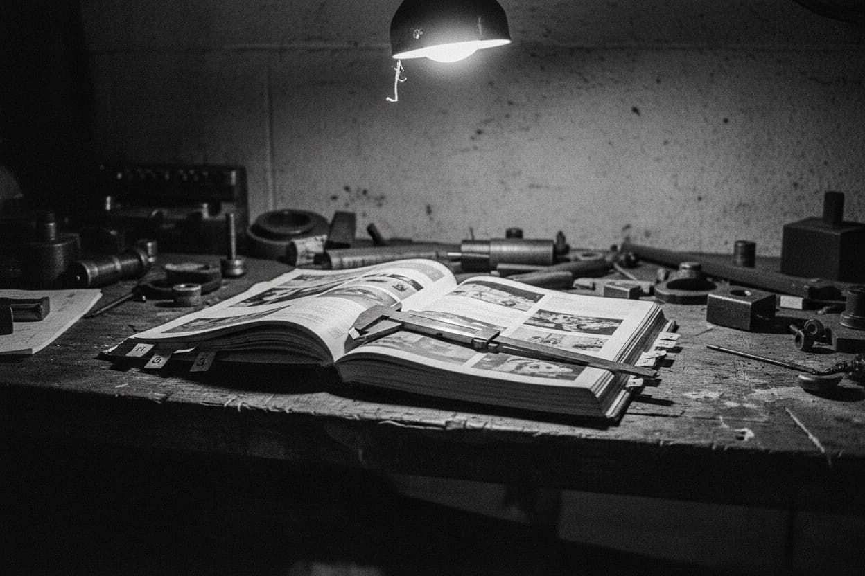 A thick parts catalog open on a workbench, dog-eared thumb tabs, a steel caliper resting across the pages.