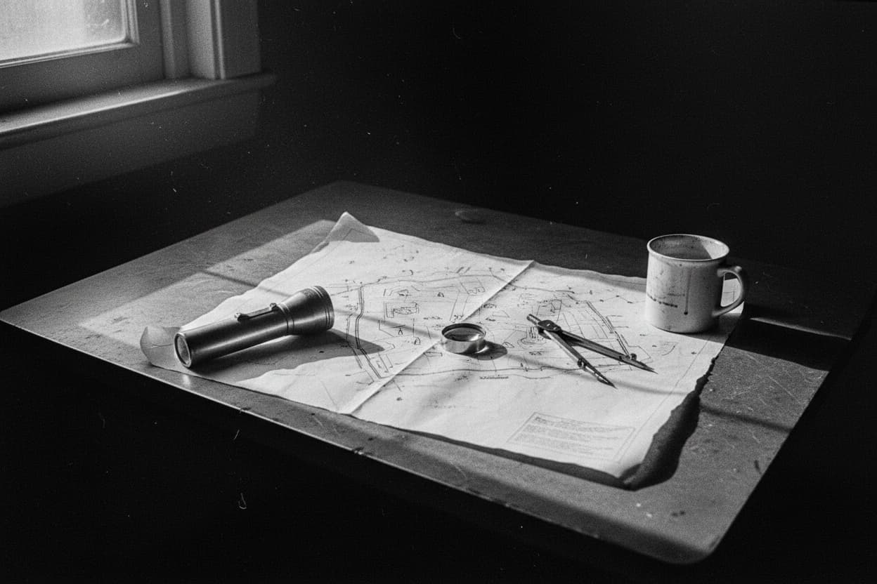 A site survey map spread across a table, weighted down by a flashlight and an enamel mug, a loupe and pencil compass resting on the contours.