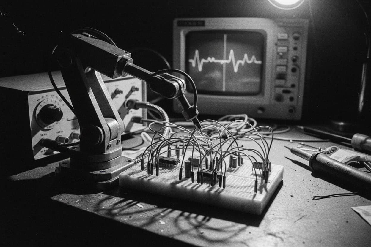 A bench-mounted robot arm lowers a component onto a breadboard prototype, an oscilloscope glowing in the background.
